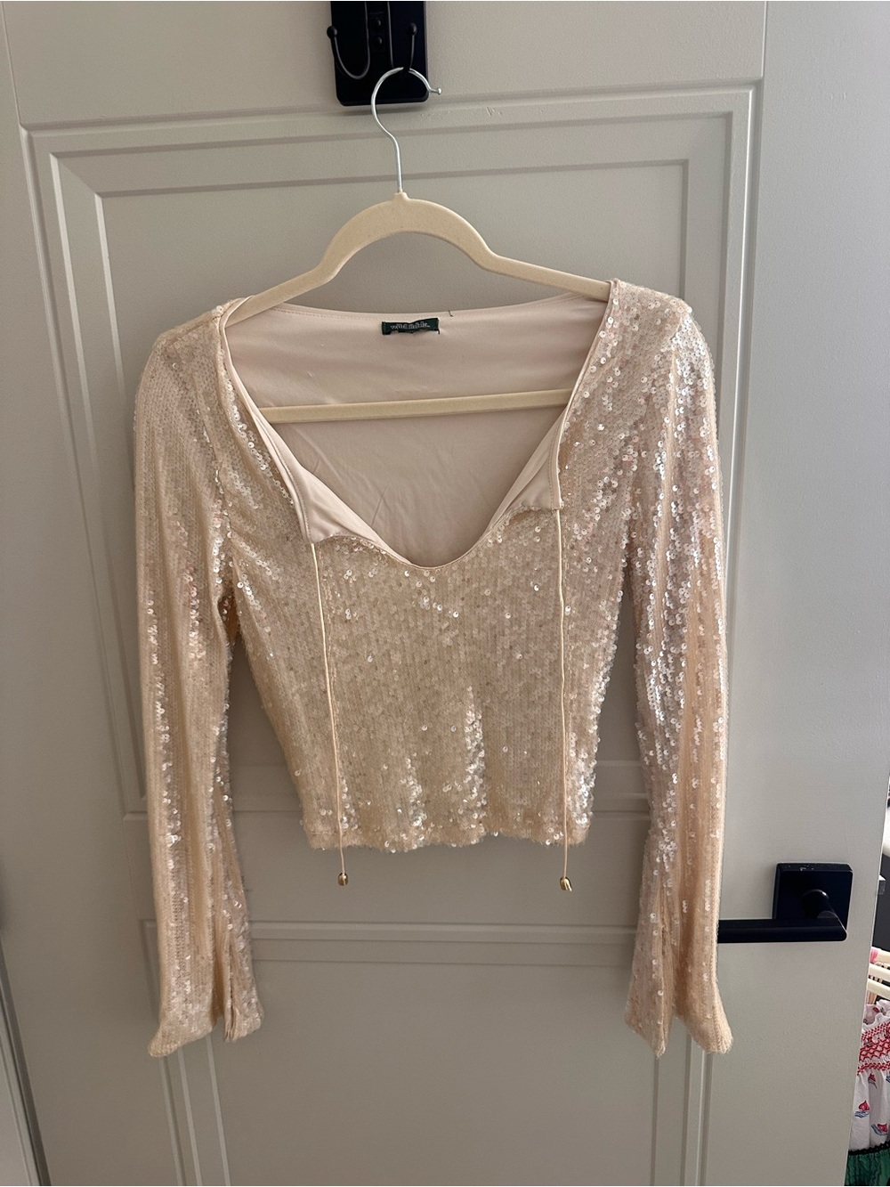 wild fable Sequin Scoop-Neck Long Sleeve Top in cream